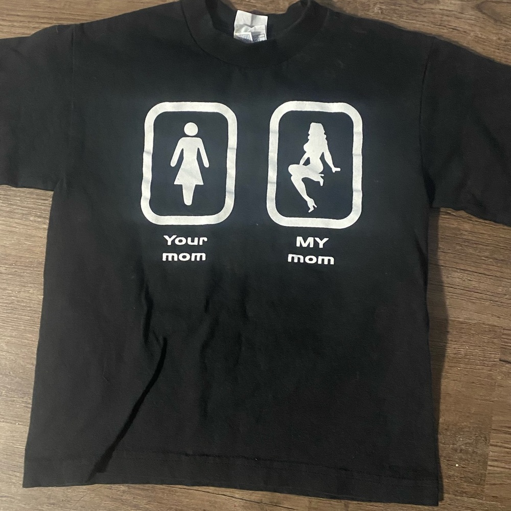 Kids edgy black tee. My mom/your mom.